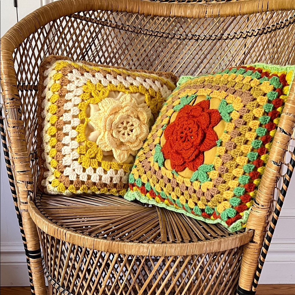 Vintage Handmade Crochet Granny Square Floral Throw Pillows
